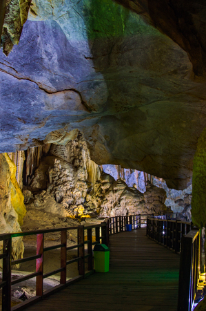 Paradise cave, an amazing, wonderful cavern at Bo Trach, Quang Binh, Vietnam, underground beautiful place for travel, heritage national with impression formation, abstract shape from stalactiteの写真素材
