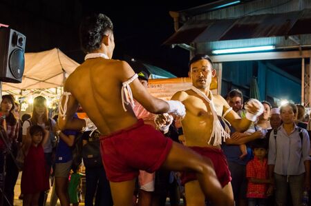 Thailand, Phuket, February 02, 2017: Fight show of Muay Thai fighters in Performance on Phuket Town festival.のeditorial素材