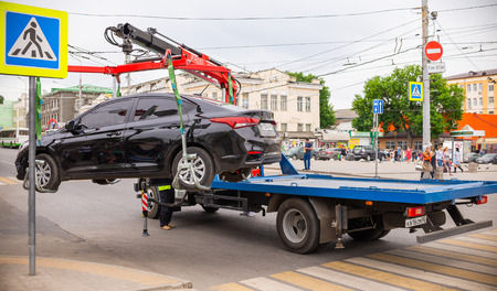 Rostov-on-Don, Russia - May 18, 2018: traffic police on the street pick up a car that violates the...