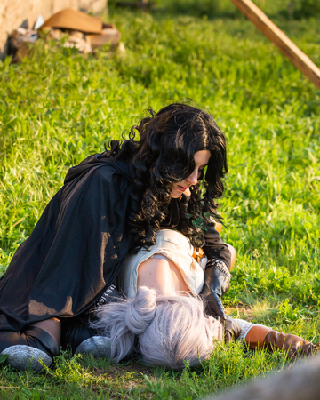 Russia, Merzhanovo, May 21, 2018: Shooting session of fantasy cosplay two beautiful girls in nature.