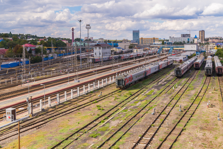 Russia, Rostov on Don, September 26, 2018: Trains on railway tracks at city train stationのeditorial素材