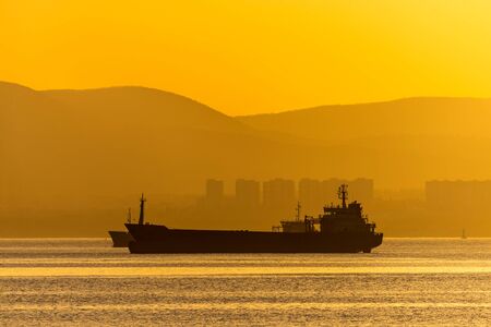 Golden sunset, silhouette of the city and cargo ship. Beautiful architecort by the sea on the background of the sunset.の写真素材