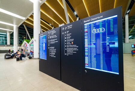 Russia, Rostov-on-Don, 17 september 2019: Arrival board table at the Platov interantional airport.のeditorial素材