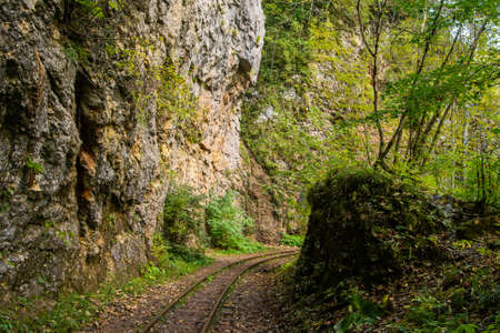 Old narrow gauge railway. A canyon Guamka, Path from Mezmay to Guamka. Russia, Krasnodar region.