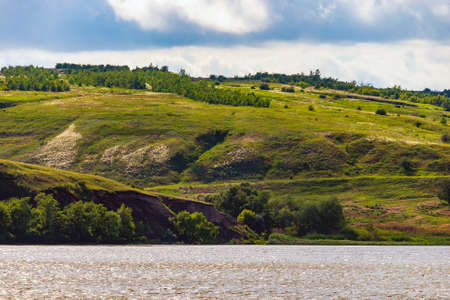 Panoramic view of the river Don and hills, slopes, steppe coast, gully, ravine on a banks.