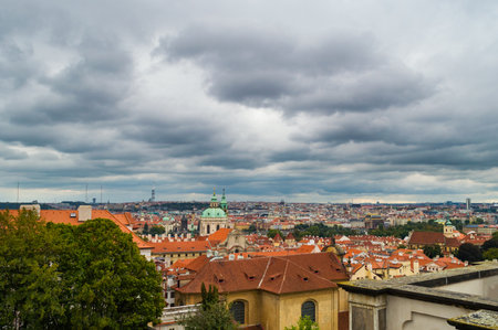 Panoramic aerial view of Old Town square in Prague in a beautiful summer day, Czech Republic.の写真素材