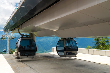 Cable car or cable railway in summer mountains.の写真素材