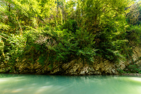 small quiet river in a mountain canyon, autumn outdoor scene.の写真素材
