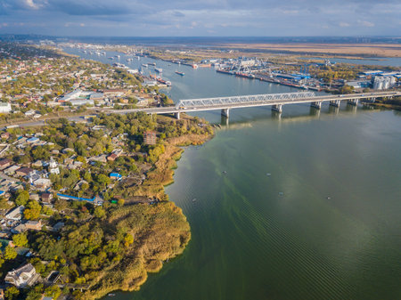 Road and railroad bridge over Don river among industrial zone.の写真素材