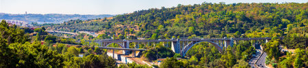 Panoramic view on Lisbon. Travel Portugal. Roads and bridges in big european city.