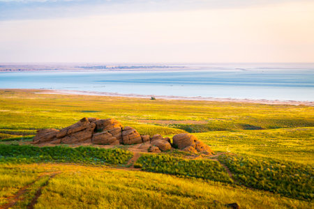 Exotic salt lake Baskunchak in Astrakhan oblast, Russia.の写真素材