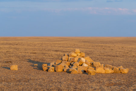 Stone pile in desert landscape. Strange place in world