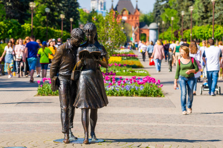 Russia, Krasnodar, April 28, 2019: Monument to students Shurik and Lida on Krasnaya Street in Krasnodar. fragment.のeditorial素材