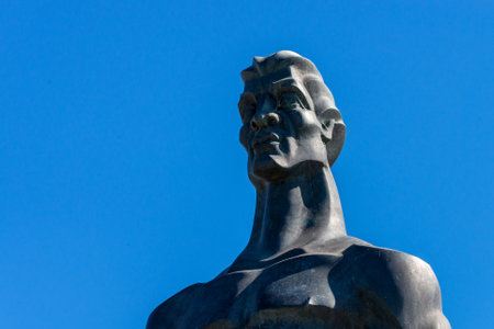Statue of a surfer in the beach of Ribeira d'Ilhas World Surf Reserve. Ericeira in Portugal. October 04, 2018.のeditorial素材