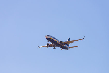 Portugal, Lisbon, October 09, 2018: Ryanair Boeing 737-800 flight against a blue sky.