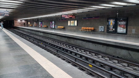 Lisbon, 08 October 2018: Typical interior of a subway station in Lisbon. A trip in the underground metro.のeditorial素材