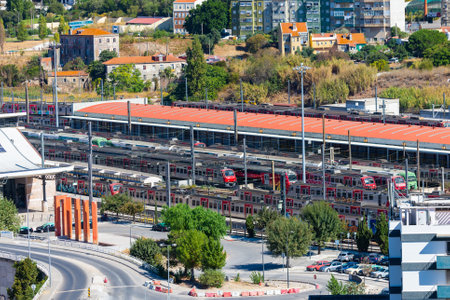 Portugal, Lisbon, October 09, 2018: Local red trains at Railroad Depot Station.のeditorial素材