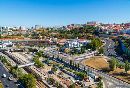 Portugal, Lisbon, October 09, 2018: Panoramic view on Lisbon. Travel Portugal. Roads and bridges in big european city.のeditorial素材