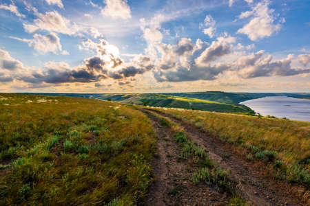 Dirt road in the steppe between feather fields grass, blue sky with white clouds in the background.の写真素材