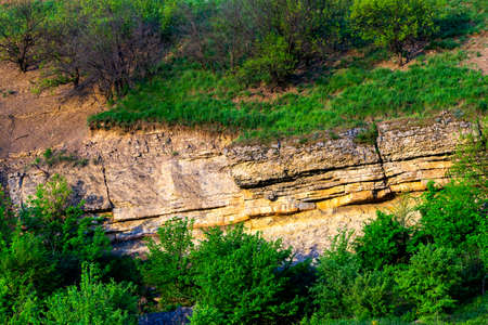 yellow textured limestone rock near the sea.の写真素材