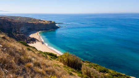 Beautiful landscape. Top view to amazing Atlantic Ocean shore. Wonderful view with azure clear water.の写真素材