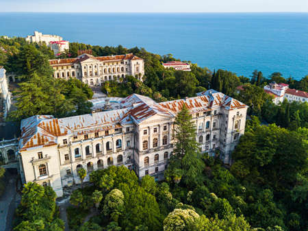 An old abandoned Sanatorium of Ordzhonikidze. Architecture of the USSR. Large beautiful empty building. Russia, Sochi, July 11, 2020.のeditorial素材