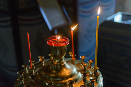 Church oil lamp in the orthodox church. Flame in the temple. religious paraphernalia. Orthodox...