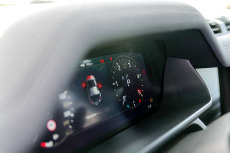 Dashboard with tachometer. car detailing. car dashboard. Dashboard details with indicator lamps. car...