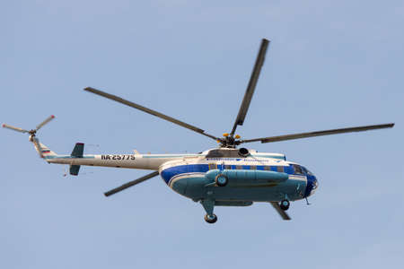 Saint Petersburg, Russia - June 05, 2021: Mi-8 Helicopter of Baltic Airlines in the sky.