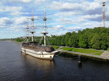 Veliky Novgorod, Russia - June 03, 2021: Frigate Flagship restaurant, water area of the Volkhov river in Veliky Novgorod, Russia.のeditorial素材