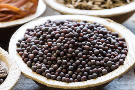 Mustard seeds in coconut bowl close-up Indian spiceの写真素材