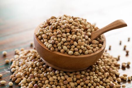 Organic Dried coriander seeds (Coriandrum sativum) in wooden bowl with spoon on colored rustic background. Healthy eating, Indian spice, flavoring, vitamin.の写真素材