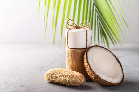 Handmade natural herbal coconut oil soap white color with palm leaf on gray concrete background....