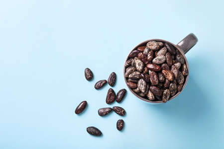 Whole cacao beans in brown ceramic mug on blue top view copyspace left side. Food background.の写真素材