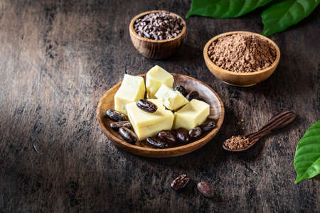Cacao products - butter, powder, whole beans, nibs, original leaves on old rustic background. Ingredients for making organic homemade chocolate. Dark moody.の写真素材