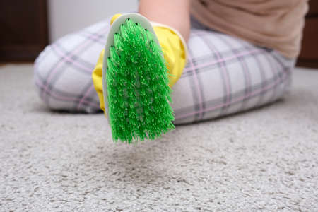 Woman in yellow gloves with a green brush cleaning and brushing carpet, removing stains and wool...