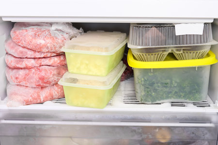 Many different frozen raw food in containers in a home freezer, meat, vegetamles, bread and semies, kitchen home reservesの写真素材