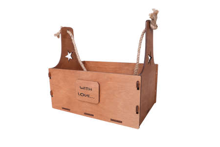 Wooden decorative box made of plywood details with sign with love for valentines day gifts isolated on whiteの写真素材