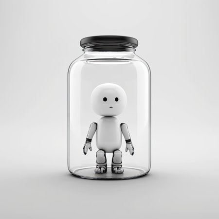 Lonely Robot Character Trapped in a Glass Jar: A Symbol of Isolationの素材