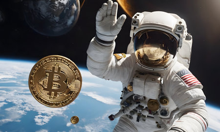 Astronaut Admires Bitcoin in Space AI Generatedの素材