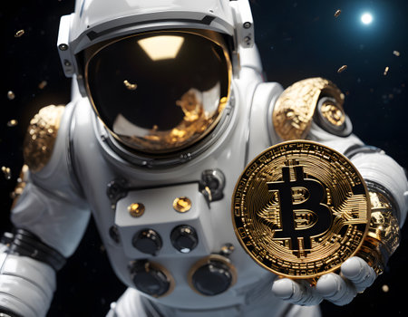 Cosmic Bitcoin: Astronautâs Golden Discovery AI Generatedの素材