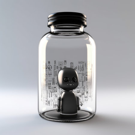 Lonely Robot Character Trapped in a Glass Jar: A Symbol of Isolationの素材