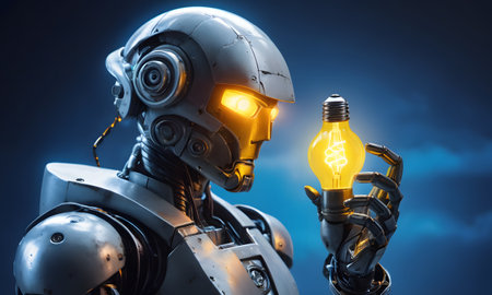 Technological Brilliance: Robot Holding Illuminated Bulb, AI Generatedの素材