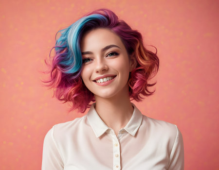 A woman with layered hair dyed in vibrant colors is smiling, showing off her eyelashes and white shirt. Her forehead, jaw, and neck are visible, and she is making a gesture with her sleeveの素材