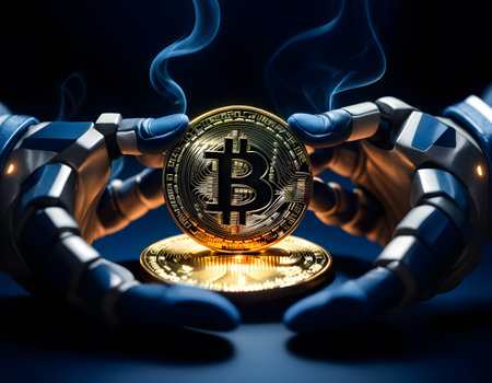 A robotic hand adorned with an electric blue bitcoin symbol, creating a futuristic still life photography juxtaposing technology and cryptocurrencyの素材