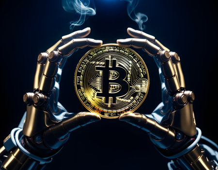 a robotic hand is holding a bitcoin in its hands . High qualityの素材