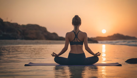 Woman Practicing Yoga on Beach at Sunset AI Generatedの素材