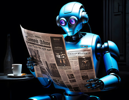 A robot is reading an Electric blue newspaper next to a cup of coffee, wearing Personal protective equipment, on a table with Tableware and Servewareの素材