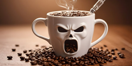 A coffee cup with a skull face design is placed on a table surrounded by coffee beans, creating a unique and eyecatching photographの素材