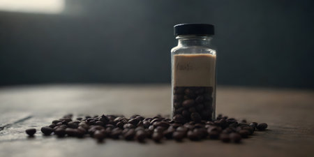A glass bottle containing liquid sits on a wooden table surrounded by coffee beans, showcasing a blend of drinkware and chemical compoundの素材
